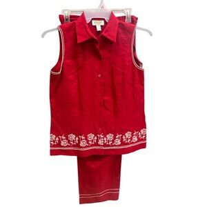 TALBOT’S PETITE - VINTAGE TOMATO RED / LINEN BLEND EMBROIDERED 2 piece set